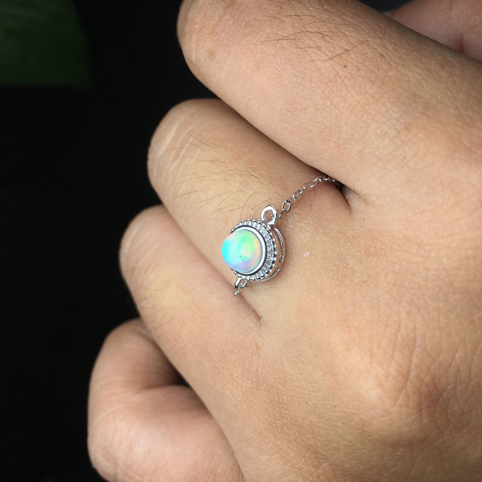 Natural Opal Chain Circular Ring Adjustable s925 Silver