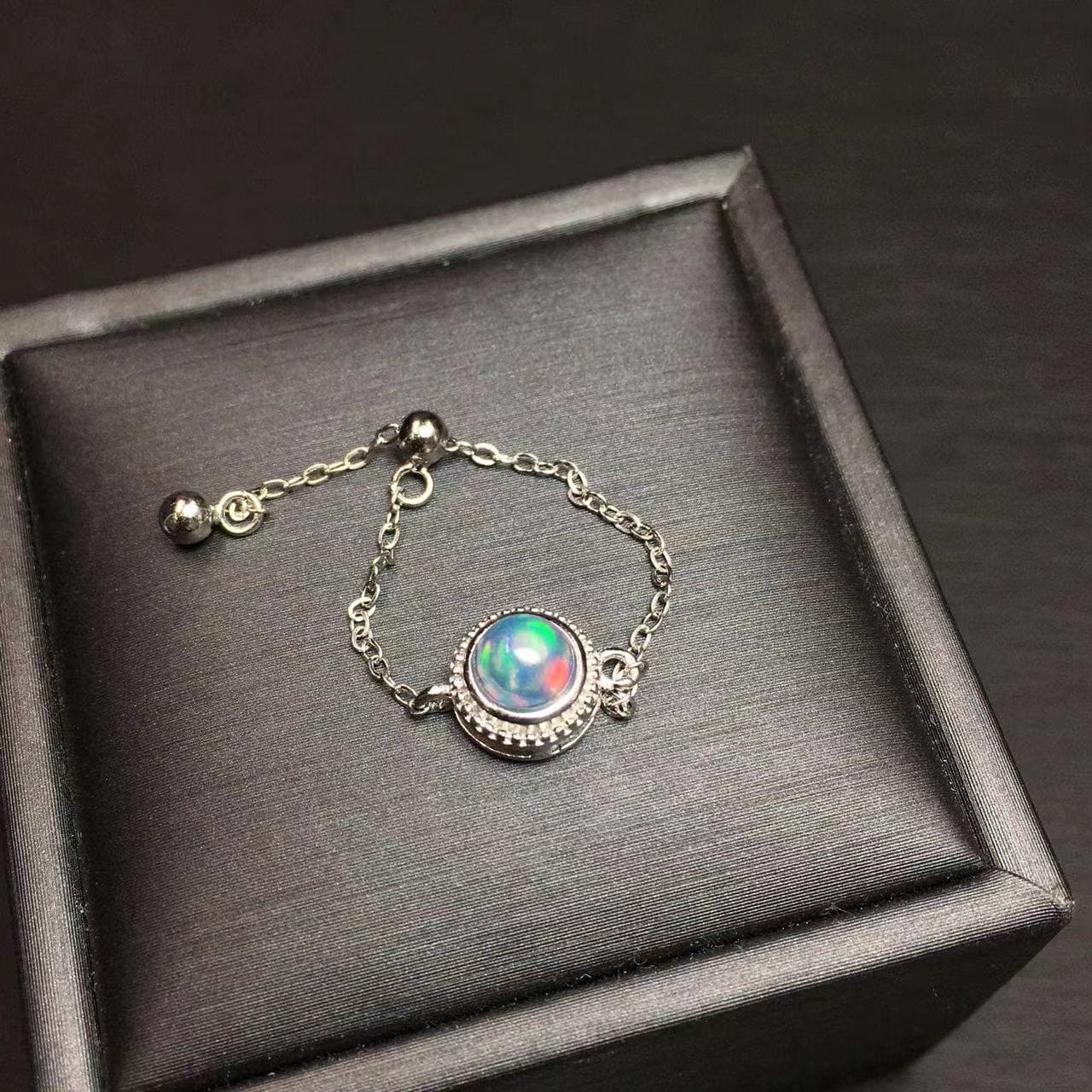 Natural Opal Chain Circular Ring Adjustable s925 Silver